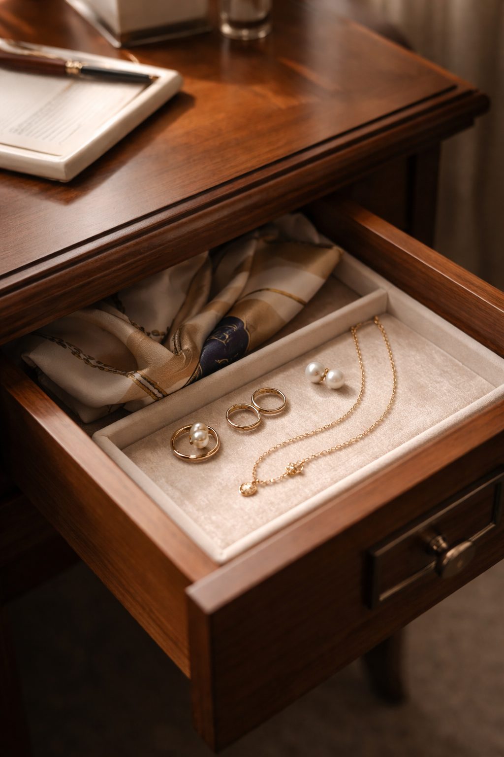 Desk drawer with gold jewelry and silk scarf styled to elevate a simple Corporate Dress for everyday work