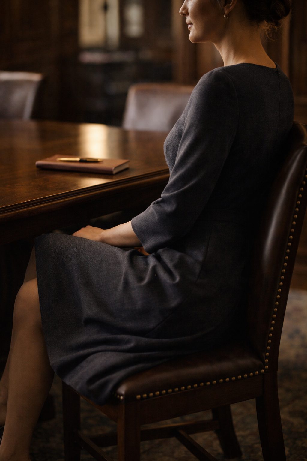 Woman seated at a conference table in a charcoal Corporate Dress that sits smoothly with no pulling or creasing