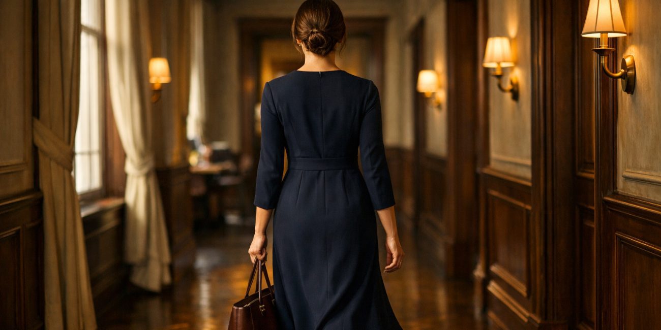 Woman walking through a classic office hallway in a navy Corporate Dress, warm light, calm confidence and timeless elegance