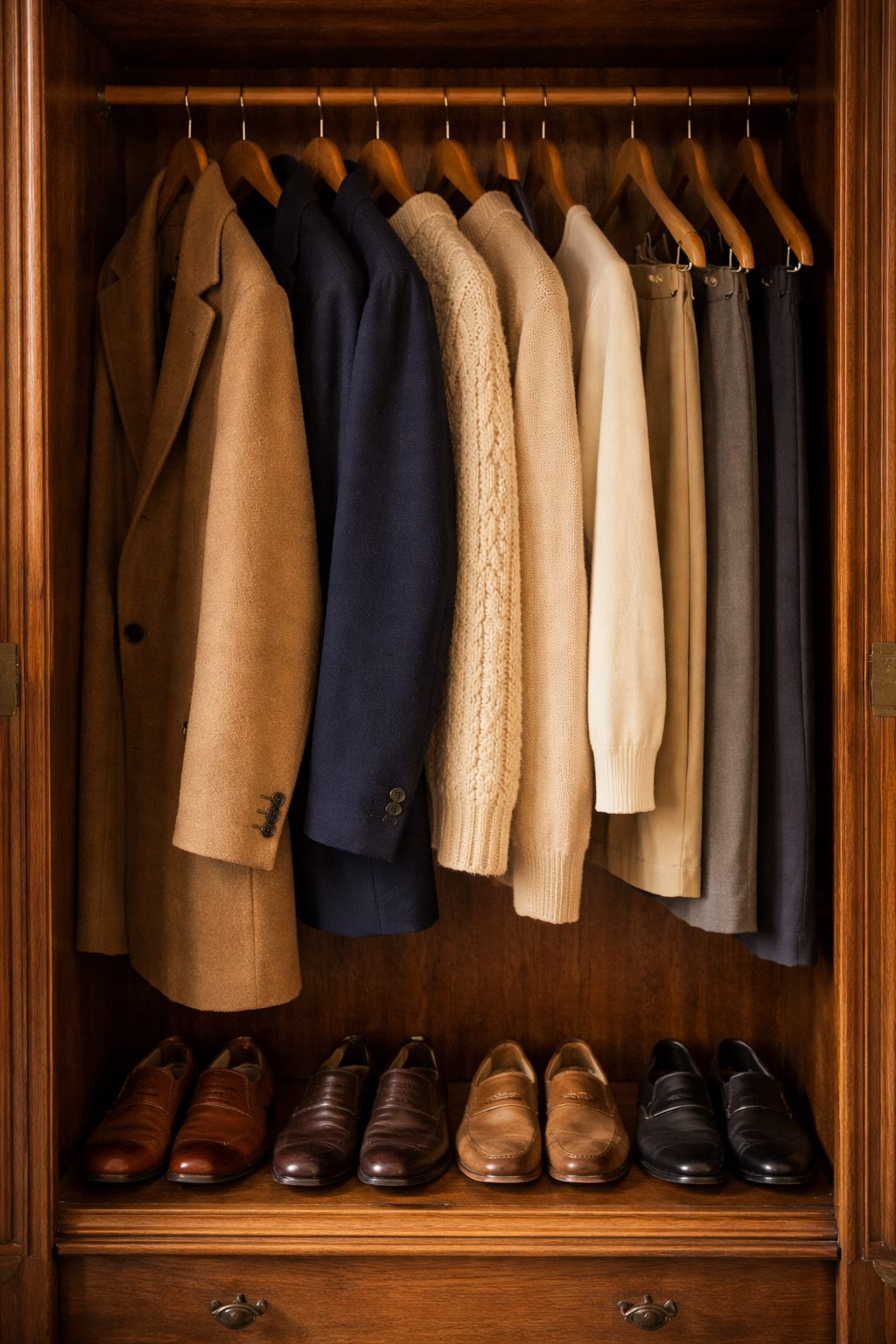 Declutter your wardrobe to timeless essentials with spaced hangers, classic coats, and shoes worn with ease.