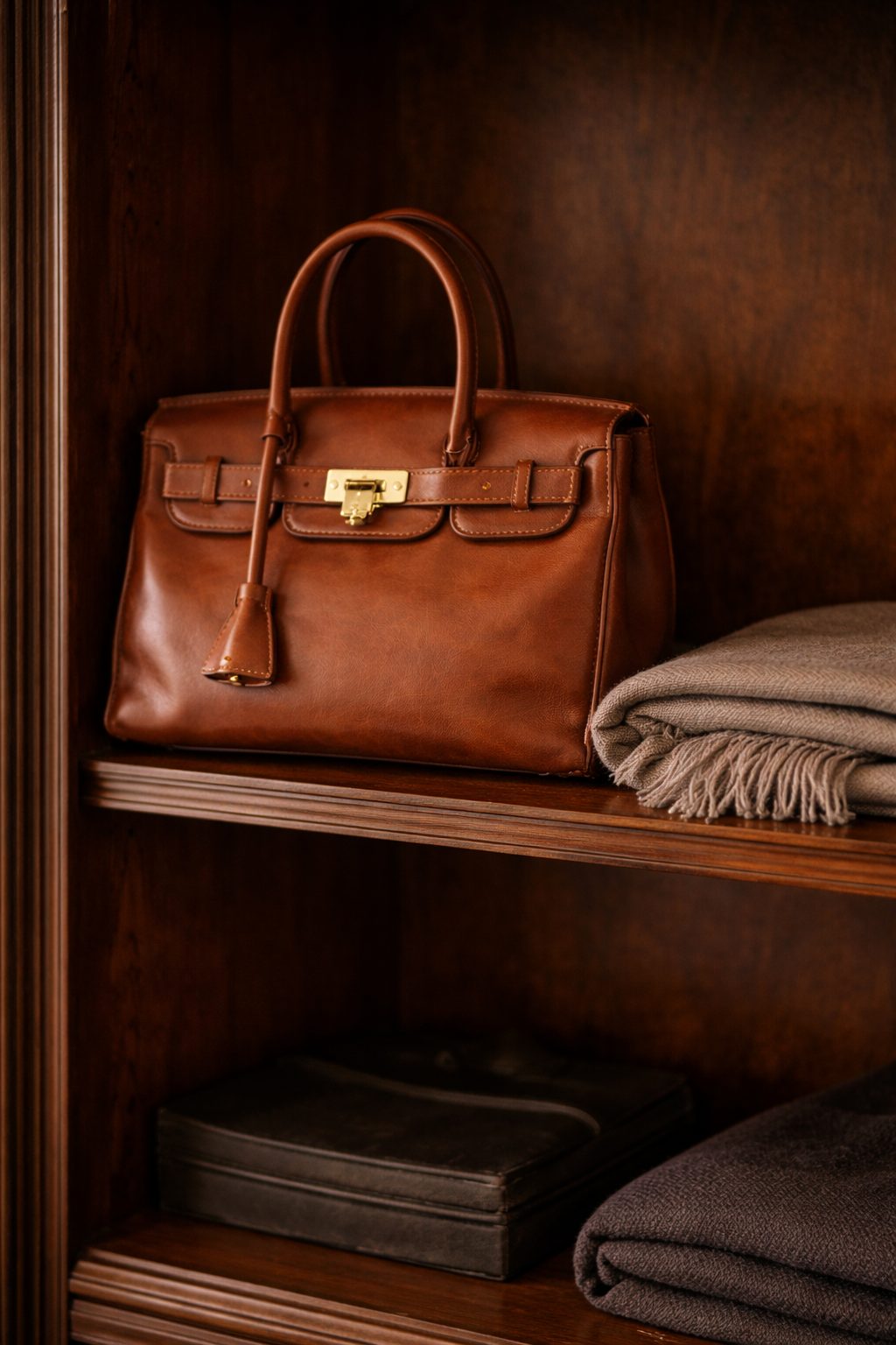 Declutter accessories by keeping one leather handbag and cashmere scarf, focusing on quality over quantity.