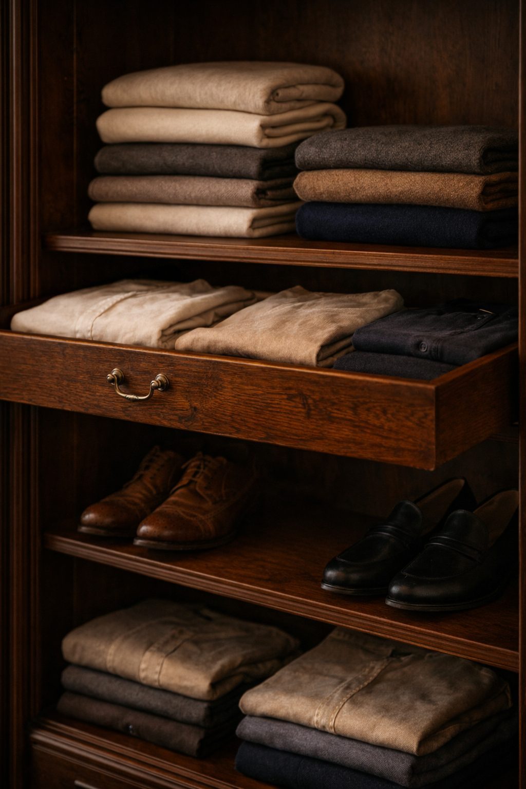 Declutter storage with neatly folded clothing and properly stored shoes in a calm, functional wooden closet.