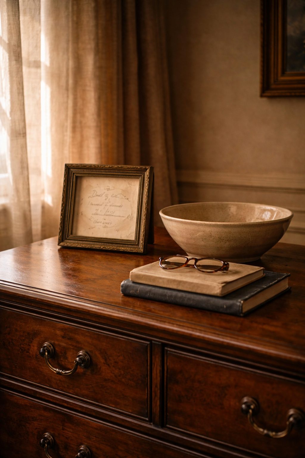 Declutter sentimental items by keeping a few meaningful objects displayed with warmth and restraint.