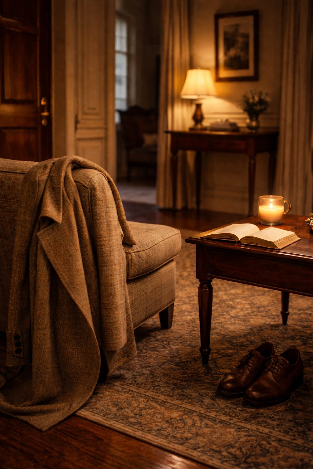 Declutter for a lived-in home with a coat on a chair, book left open, candlelight, and quiet luxury warmth.