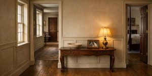 Declutter a warm old money living room with worn leather chair, linen curtains, soft light, and lived-in elegance.