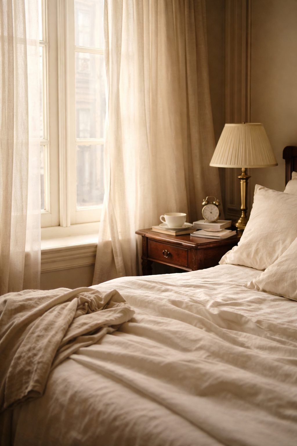 Soft sunrise bedroom with bed and bedside table, Elegant Daily Routines to start in 2026 quiet luxury moment