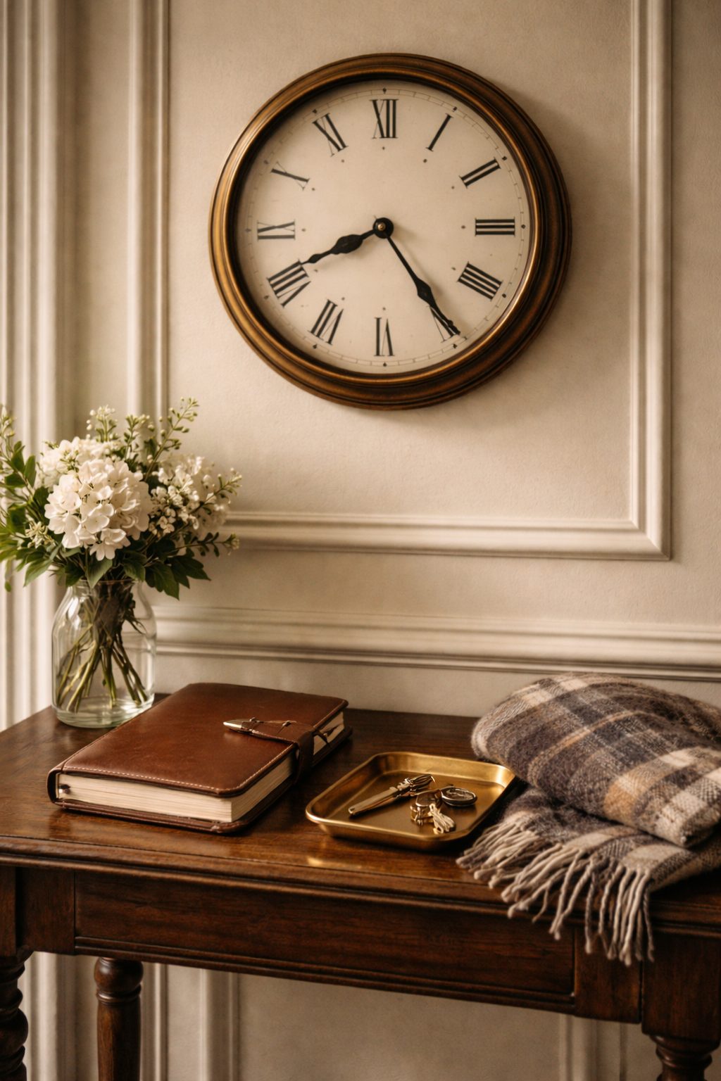 Entry table with clock planner and keys, Elegant Daily Routines to start in 2026 steady personal rhythm