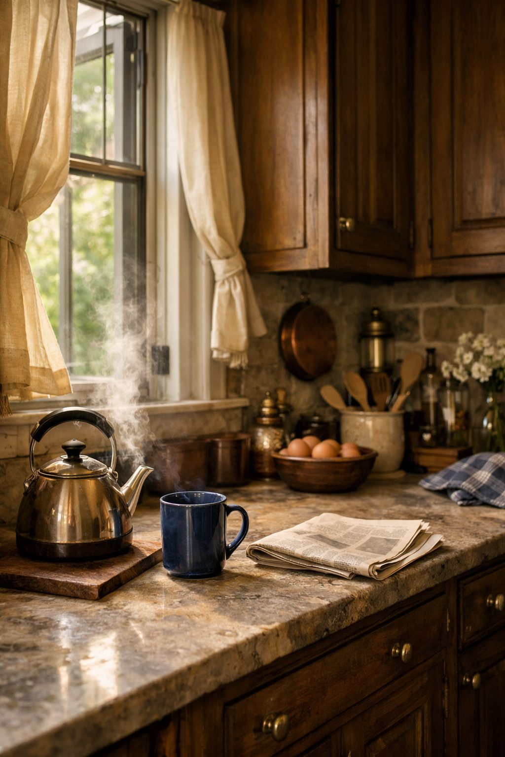 Warm kitchen morning light, kettle and mug ready, Elegant Daily Routines to start in 2026 calm slow start