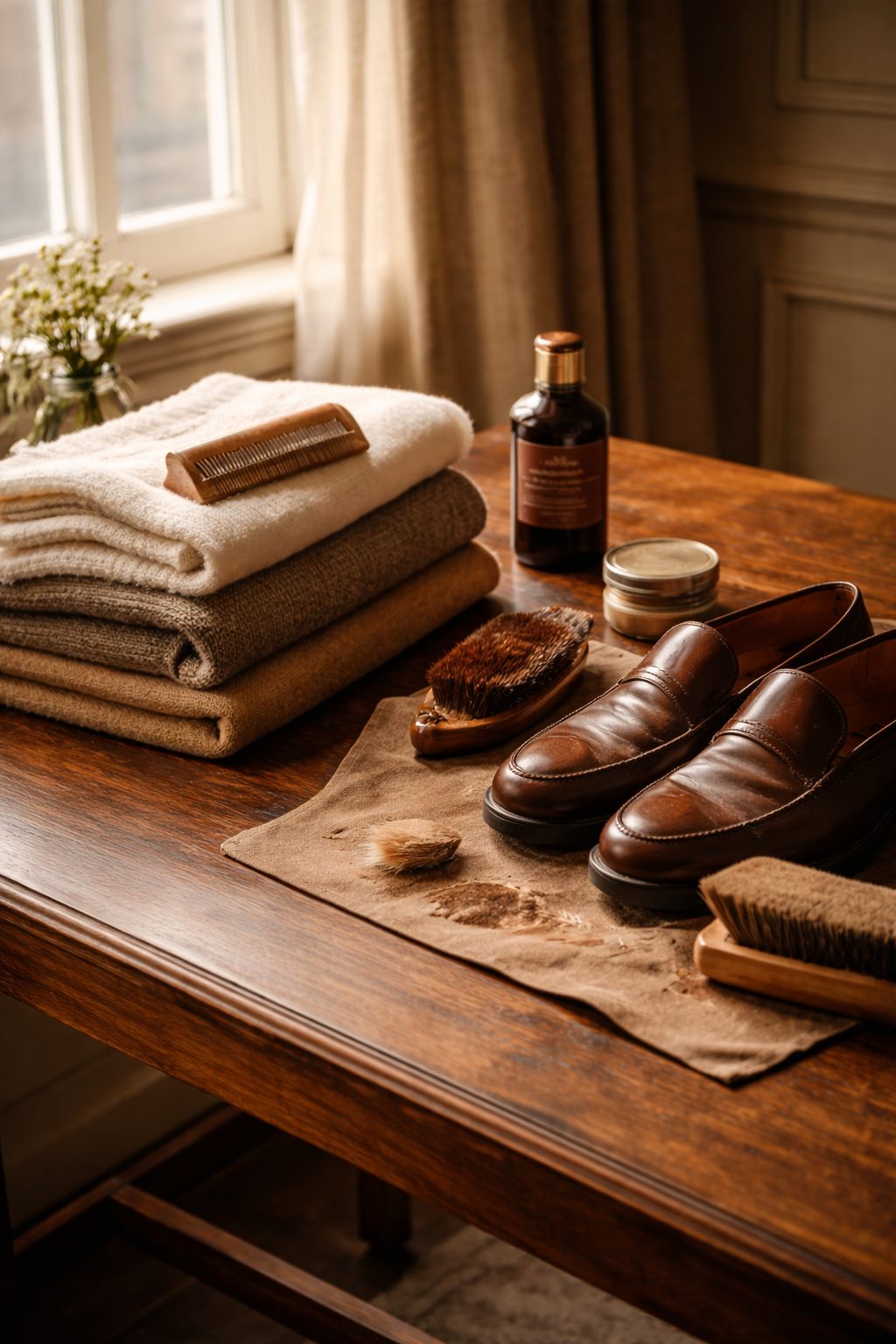 Table with loafers and brushes mid polish, Elegant Daily Routines to start in 2026 caring for clothing