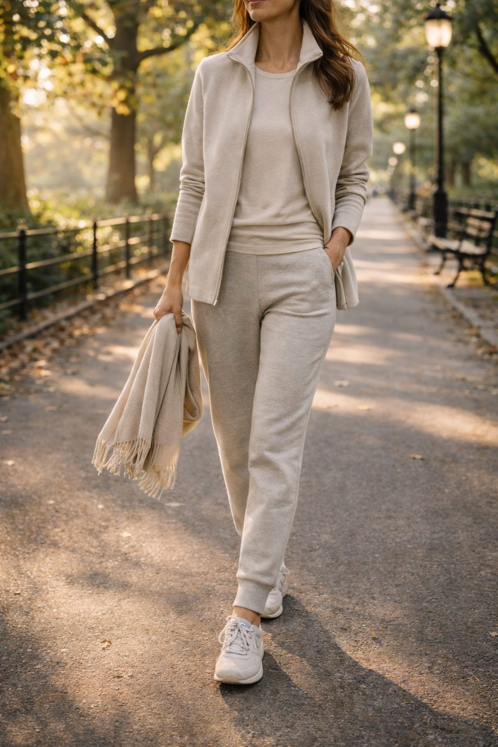Woman walking tree lined path in soft light, Elegant Daily Routines to start in 2026 easy movement
