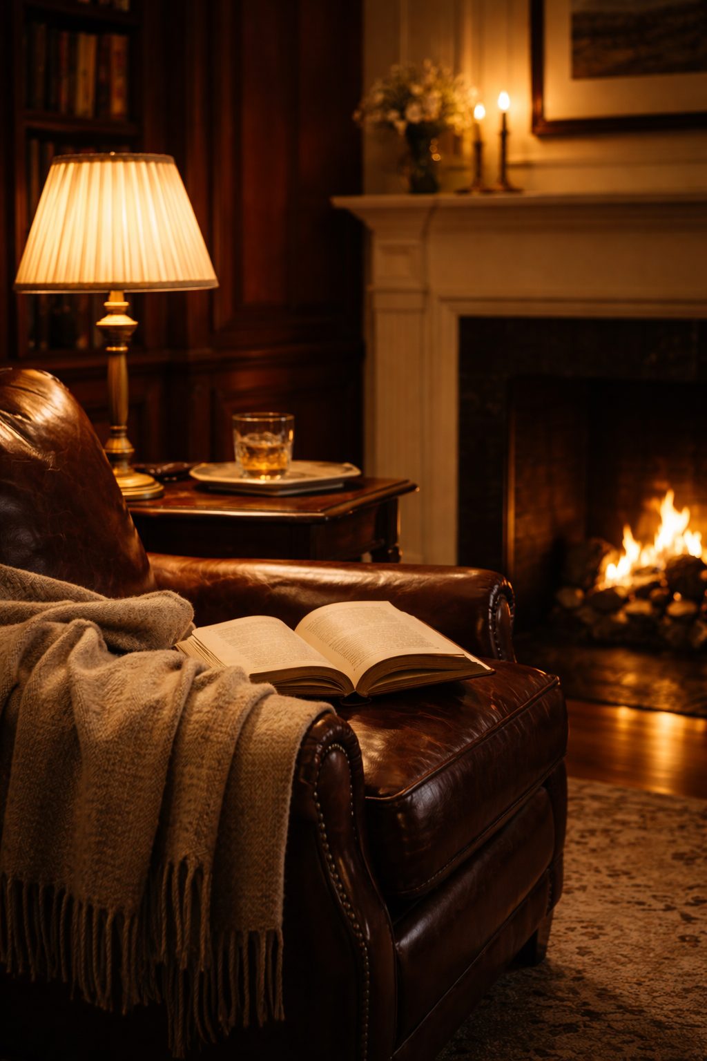 Leather armchair with throw near firelight, Elegant Daily Routines to start in 2026 calm cozy evening