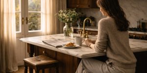 Elegant Daily Routines to start in 2026 shown in a calm kitchen as a woman enjoys coffee and pastry while sunlight warms marble counters