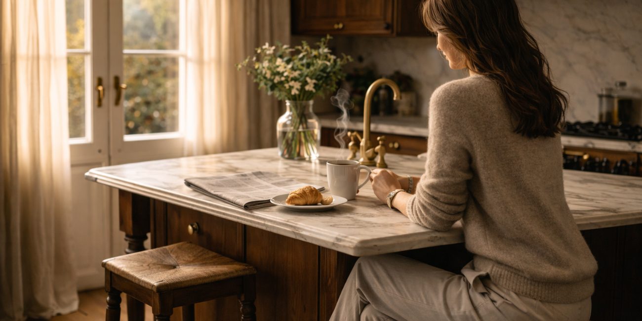 Elegant Daily Routines to start in 2026 shown in a calm kitchen as a woman enjoys coffee and pastry while sunlight warms marble counters