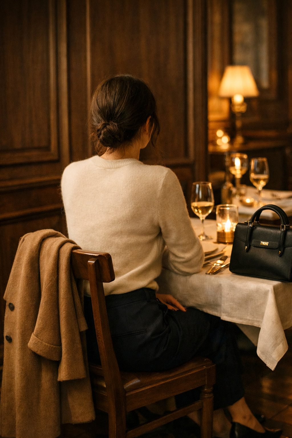 Elegant Date Night Outfits For 2026 That Make a Quiet First Impression with a woman dining in candlelight wearing tailored trousers