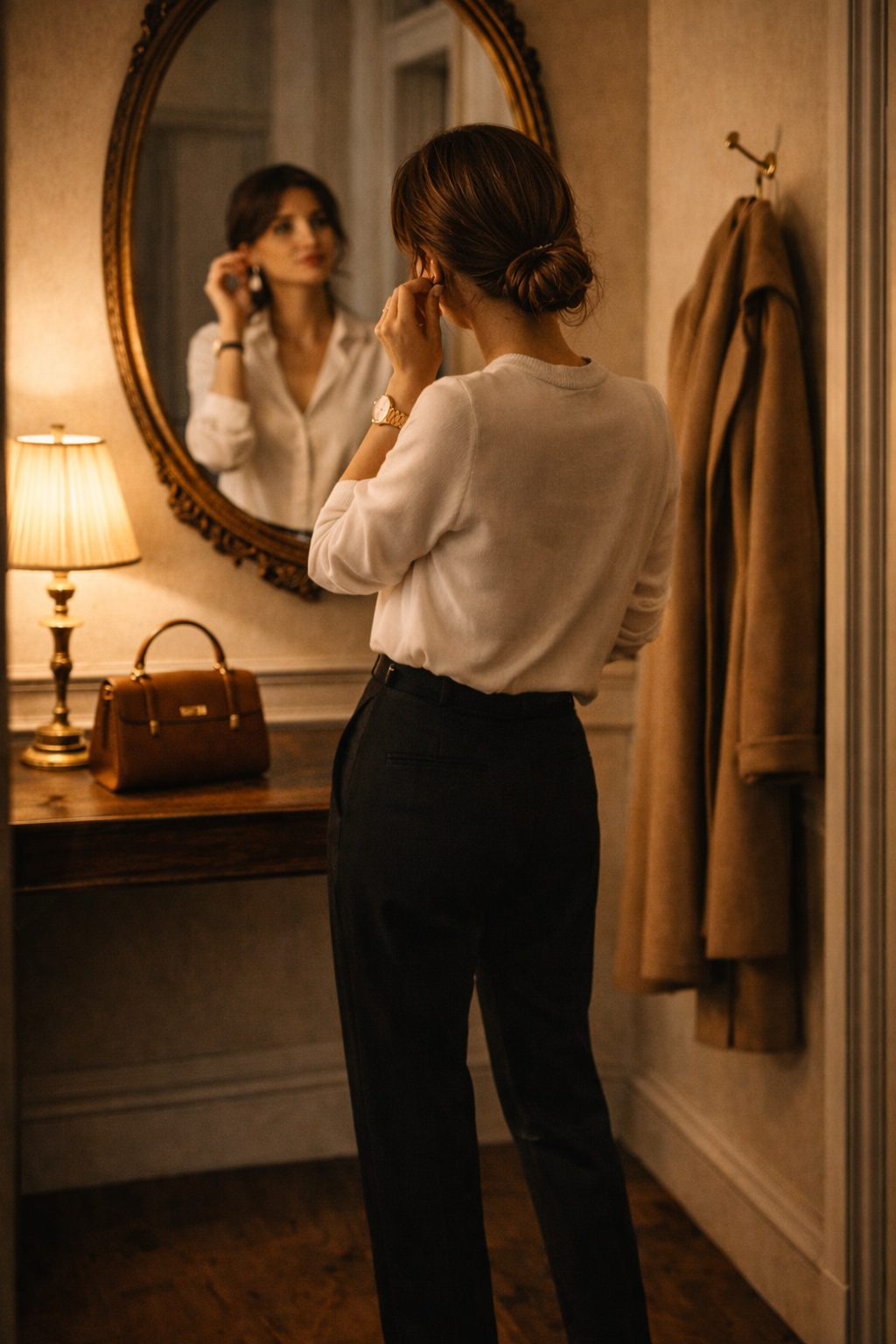 Elegant Date Night Outfits For 2026 That Make a Quiet First Impression showing a woman adjusting earrings at a hallway mirror