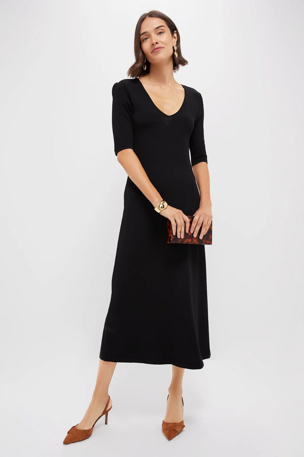 Elegant Date Night Outfits For 2026 showing a black v neck midi dress styled with brown heels and a clutch for date night