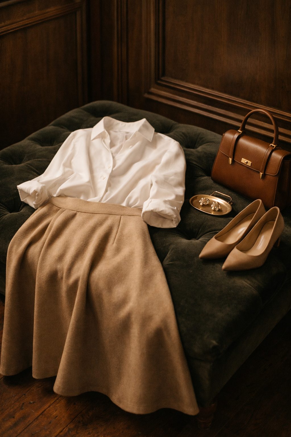 Elegant Date Night Outfits For 2026 That Make a Quiet First Impression flat lay of blouse, midi skirt, heels and bag on velvet bench