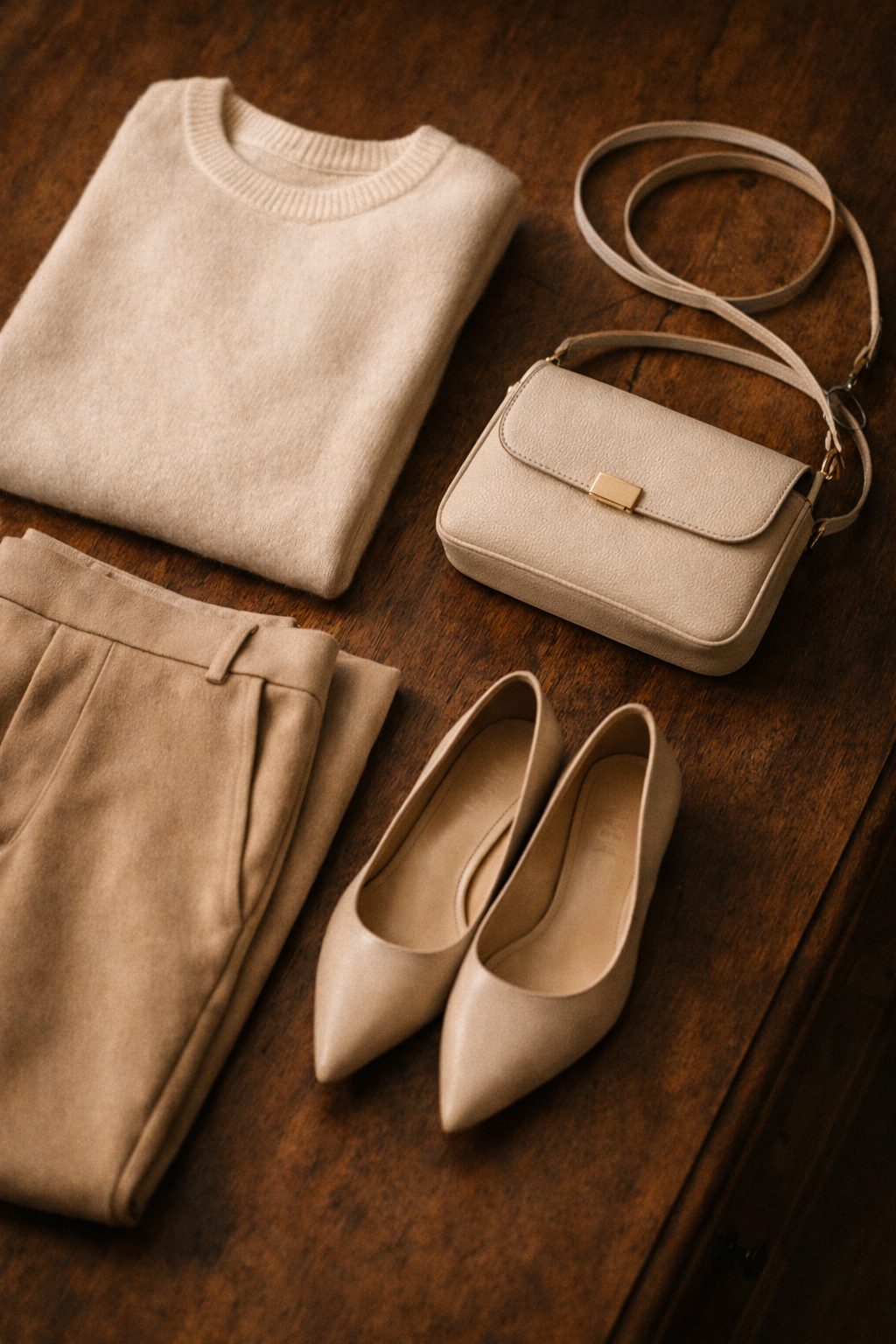 Elegant Date Night Outfits For 2026 That Make a Quiet First Impression with neutral knit, trousers, leather shoes and bag