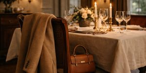 Elegant Date Night Outfits For 2026 with a camel coat on a chair beside a candlelit dinner table set with flowers and wine