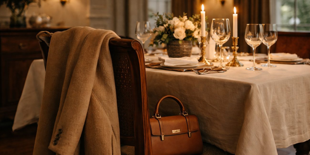 Elegant Date Night Outfits For 2026 with a camel coat on a chair beside a candlelit dinner table set with flowers and wine