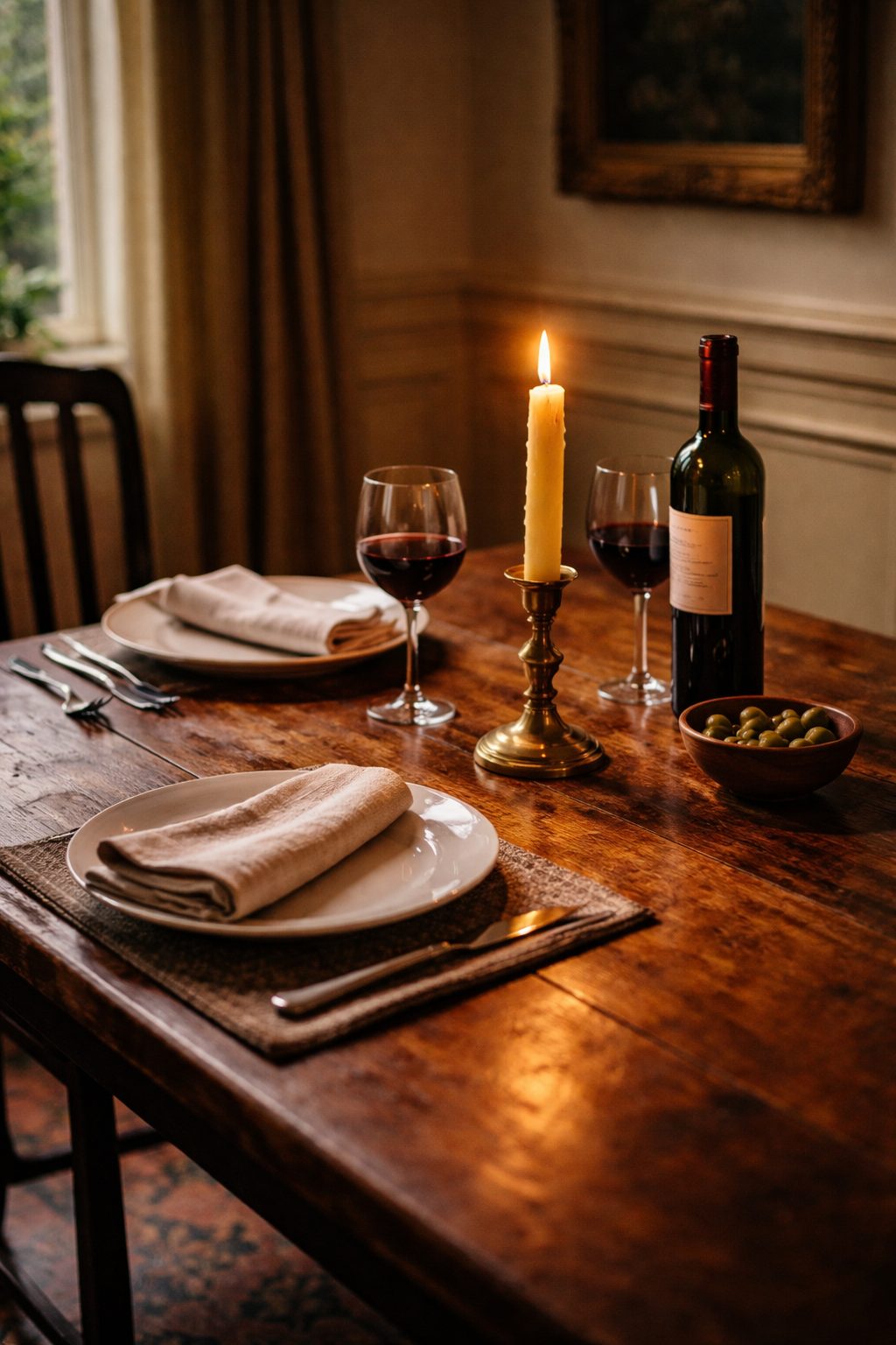 Elegant Table Setting for Two with candlelight on a worn walnut table set with plates wine and linen napkins
