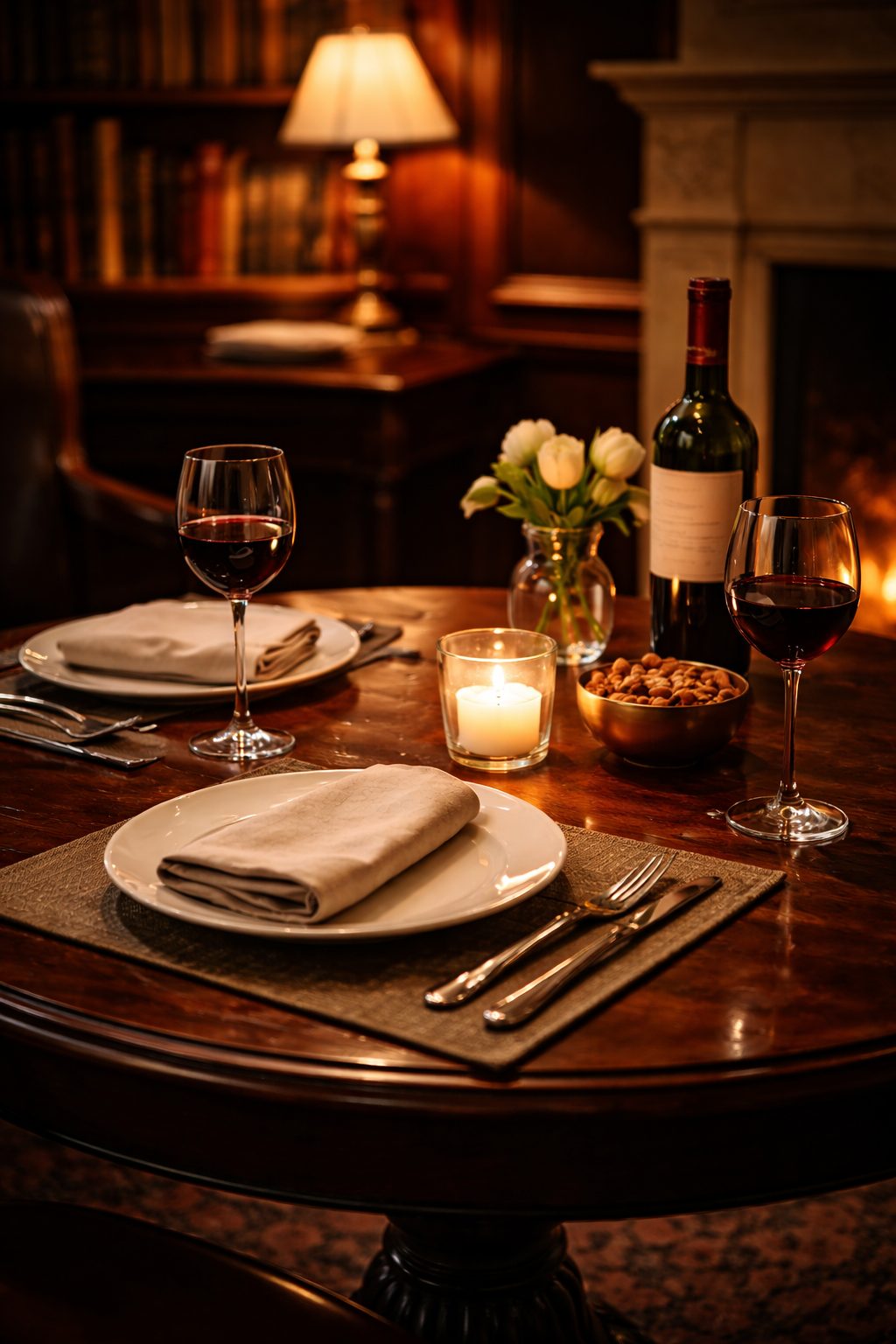 Elegant Table Setting for Two with open table space simple plates wine glasses and a single candle