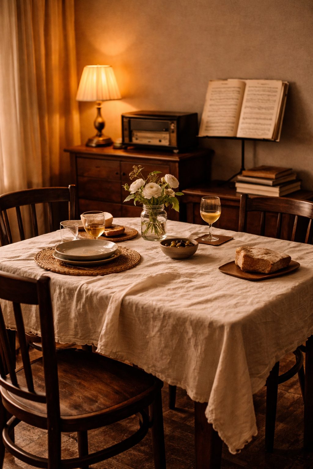 Elegant Table Setting for Two ready for dinner soft lighting two chairs and quiet evening atmosphere