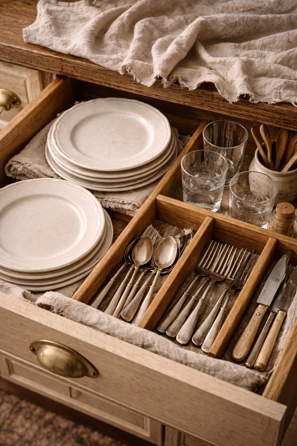 Vintage drawer neatly filled with plates, cutlery and glasses, linen draped on counter, warm rustic charm for Elegant Table Setting for Two