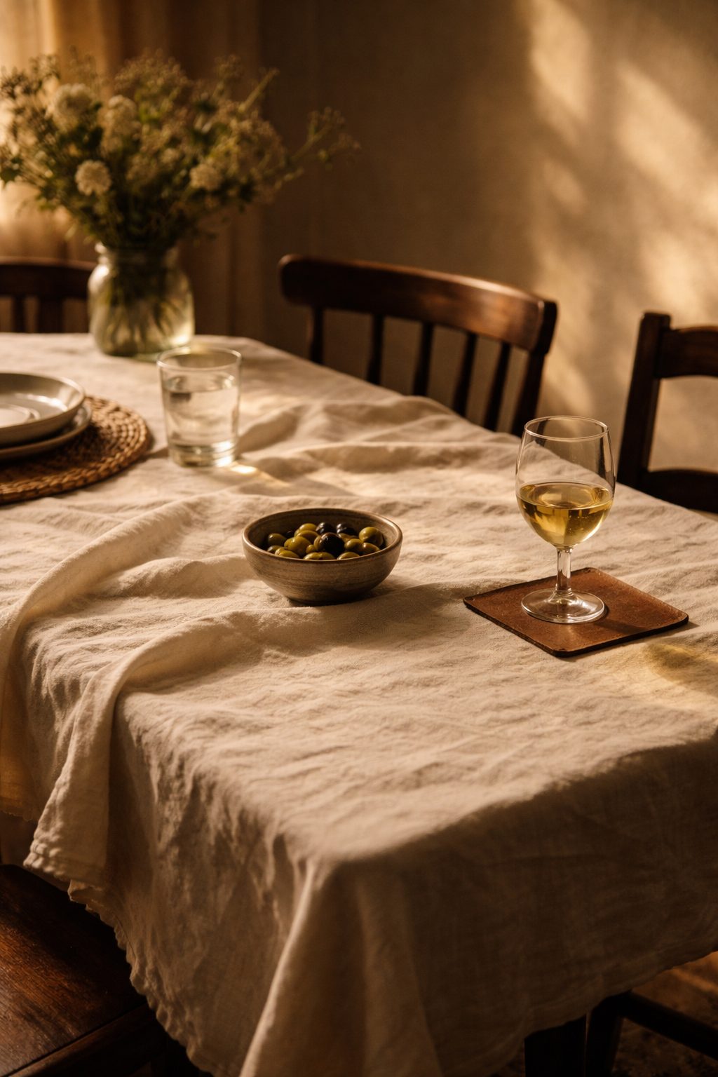 Elegant Table Setting for Two on a rumpled linen cloth with warm wood tones and simple place settings