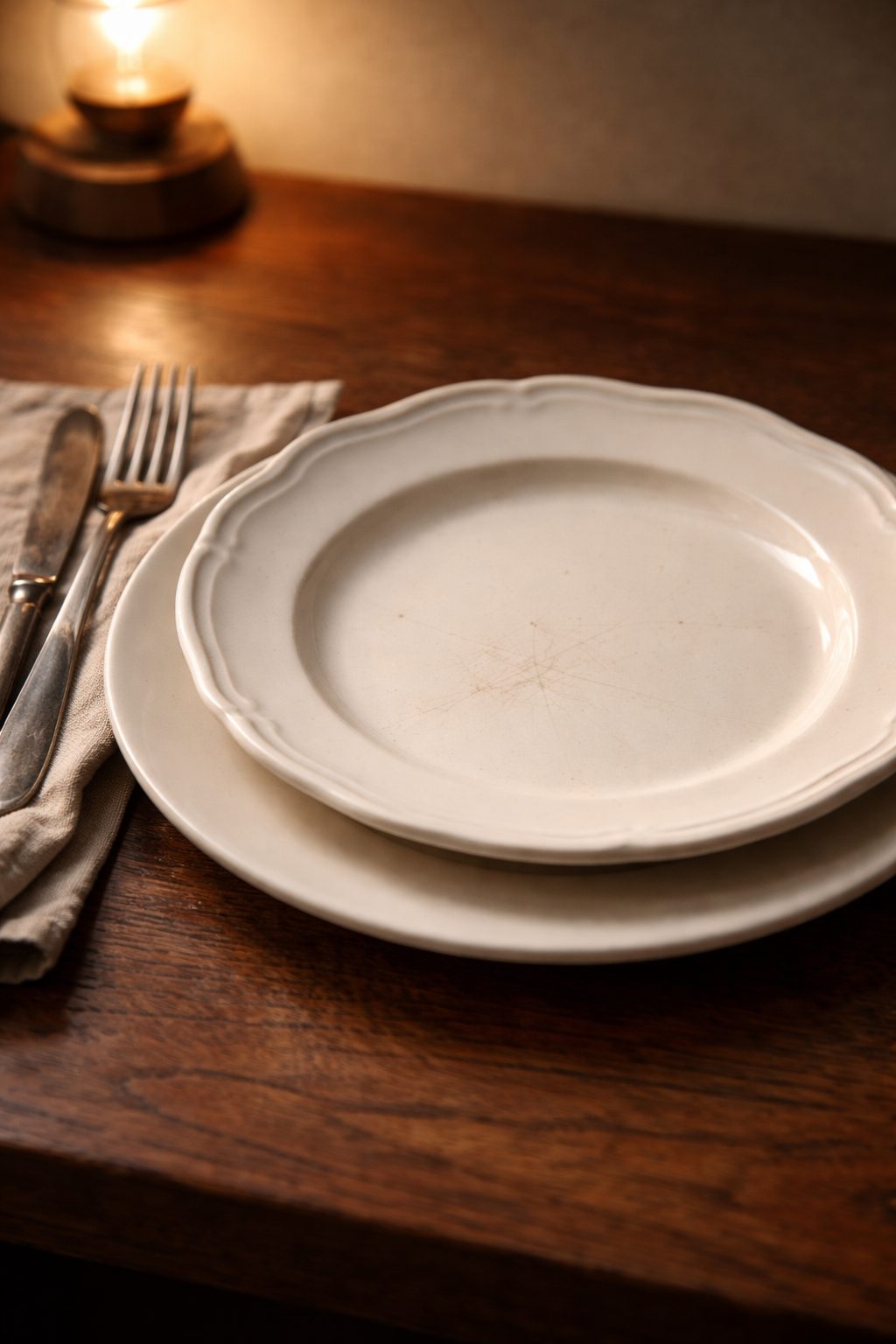 Elegant Table Setting for Two featuring white plates on wood adding warmth to a relaxed dinner scene