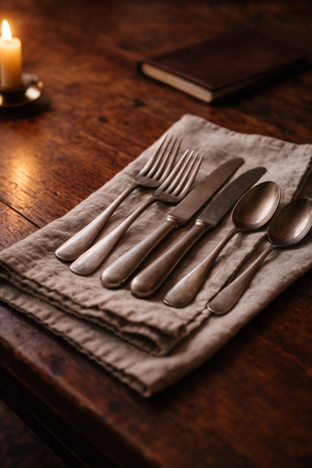 Elegant Table Setting for Two with brushed silver flatware on linen napkin glowing softly beside candlelight