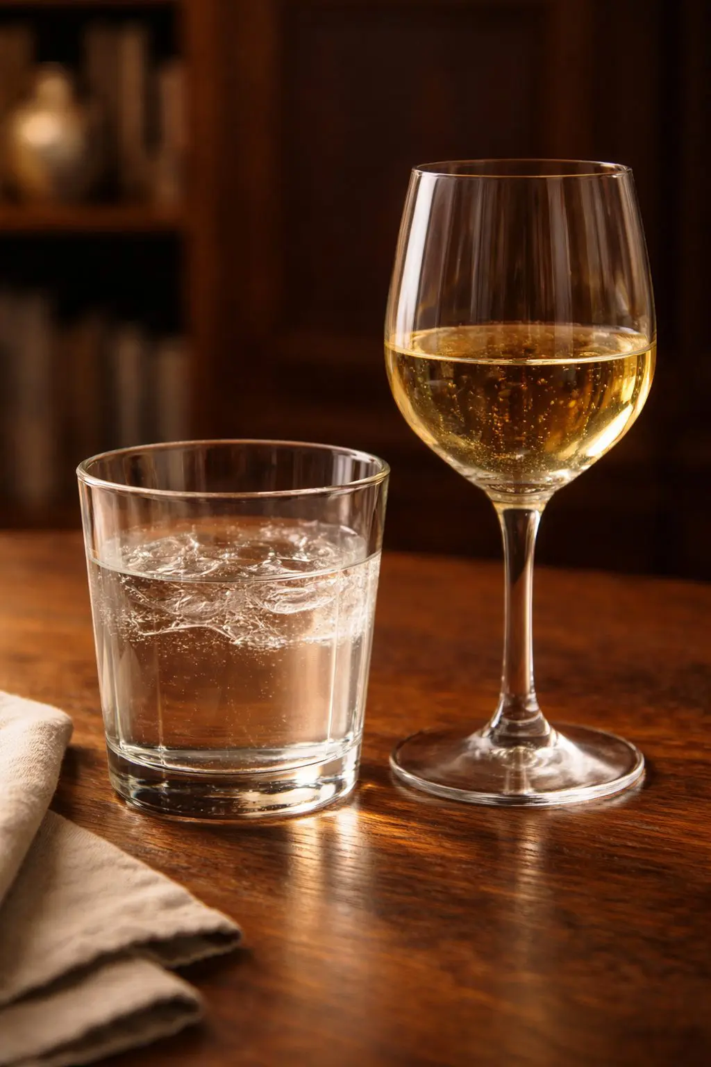 Elegant Table Setting for Two with simple thick glassware water and wine on dark wood in warm light