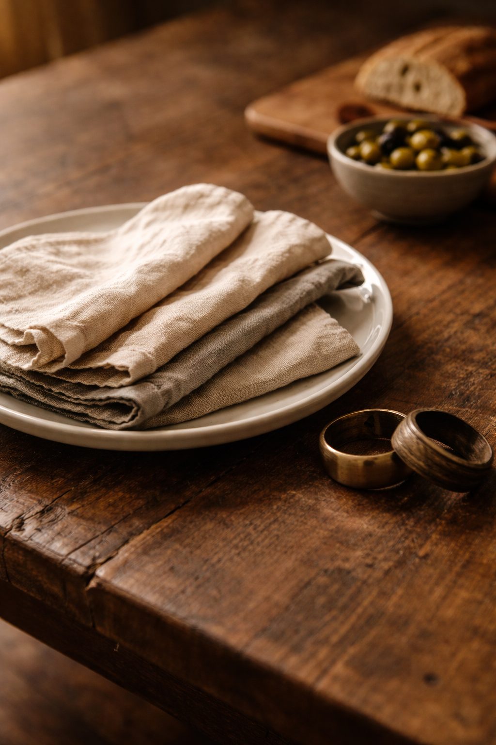 Elegant Table Setting for Two showing soft linen napkins folded casually on white plates warm and lived in