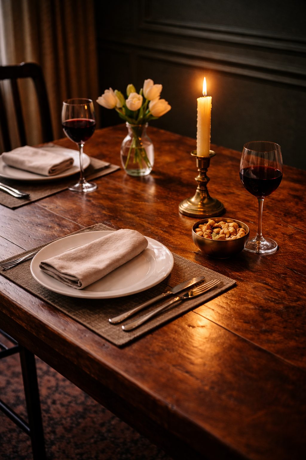 Elegant Table Setting for Two with a single glowing candle in brass holder and wine glass in soft shadows