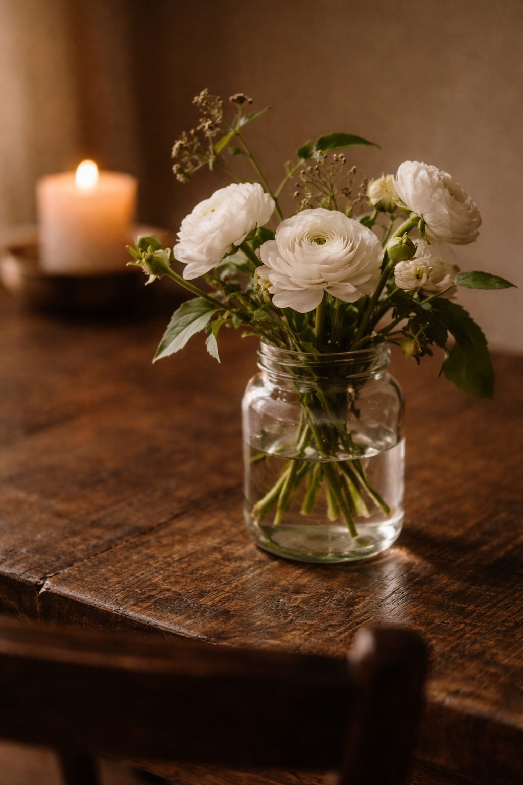 Elegant Table Setting for Two with small vase of tulips and candlelight on wood for quiet warmth