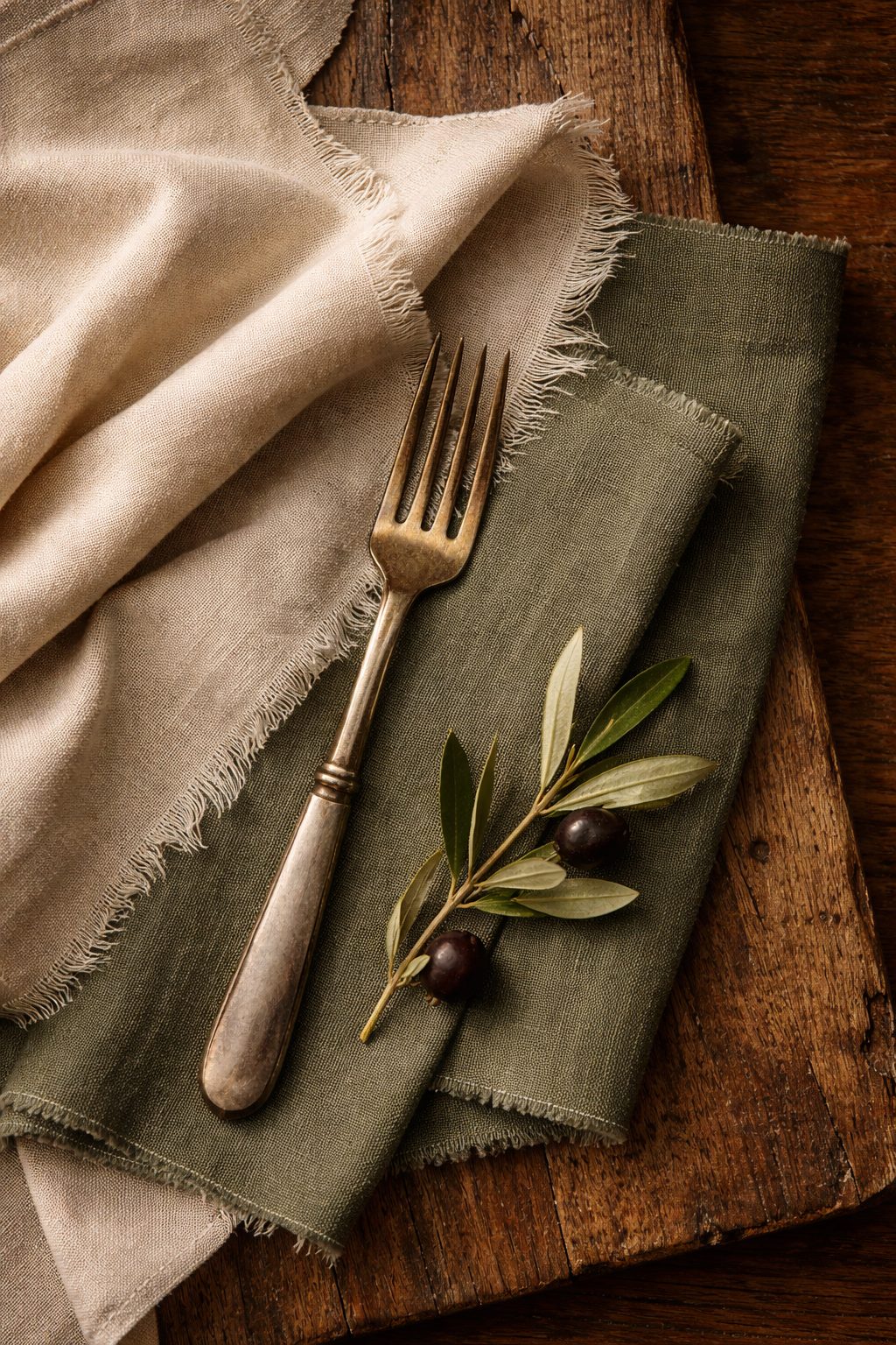 Elegant Table Setting for Two with cream brass green and wood textures forming a timeless palette