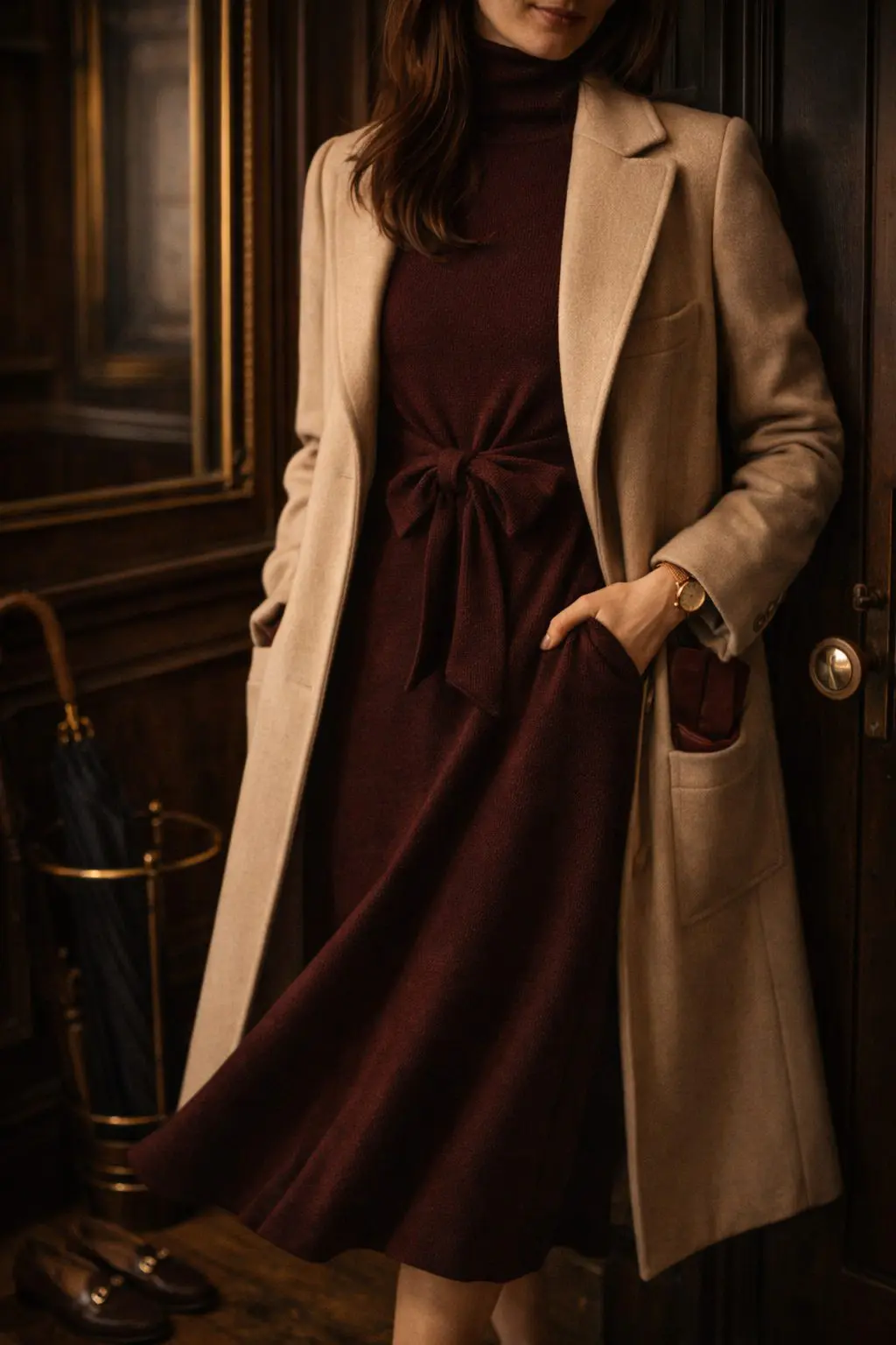 Tie-front turtleneck dress shows Elegant Valentine’s dresses style as a woman ties her coat at a classic townhouse doorway