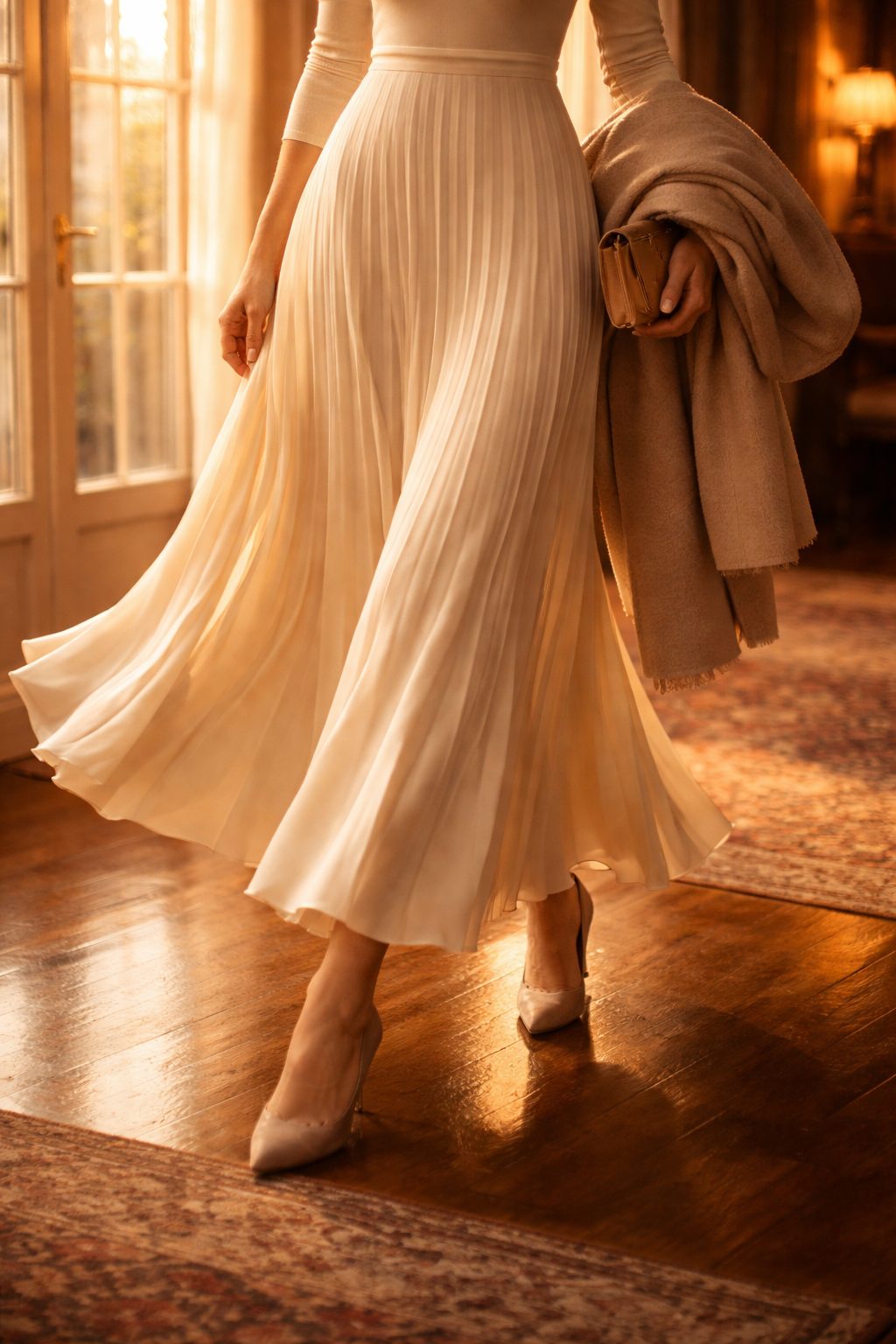 Flowing pleated skirt in warm golden hour light reflects Elegant Valentine’s dresses with effortless grace and movement