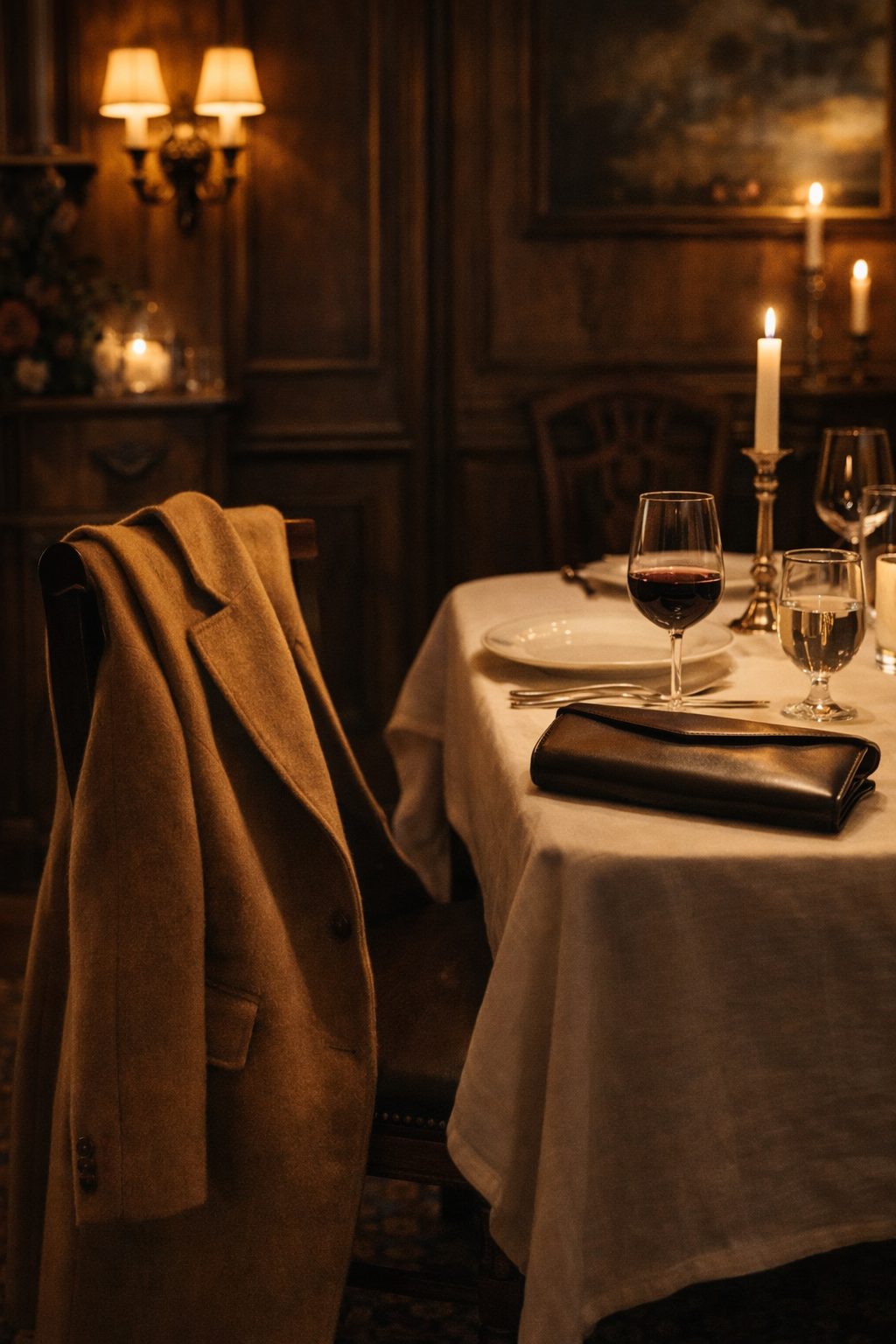 Coat on chair and candlelit table evoke Elegant Valentine’s dresses presence and timelessness long after the night begins