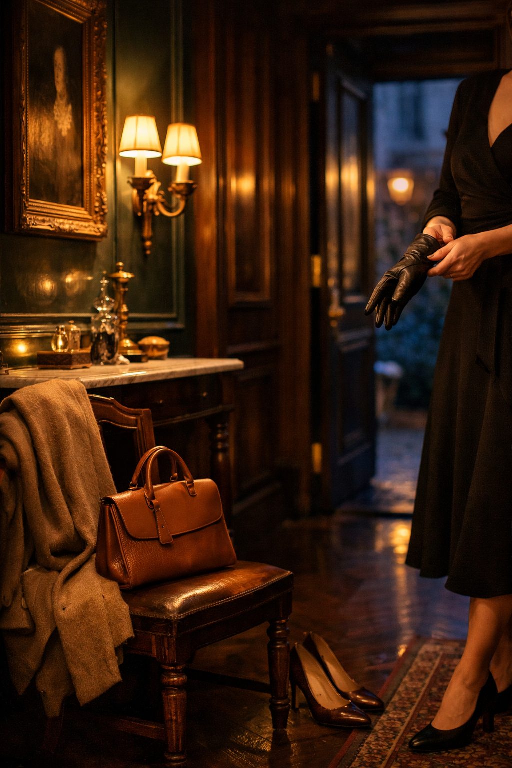 Warm entryway scene highlighting Elegant Valentine’s dresses with coat, heels, and glowing sconces in a classic townhouse setting