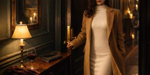 A woman in a cream knit dress and camel coat leaves for dinner, quiet luxury hallway scene. Elegant Valentine’s dresses mood.