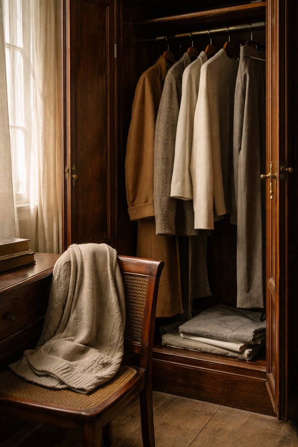 Elegant Women Refresh Their Style Each New Season with a quiet wardrobe scene of knits and coats in warm neutral tones