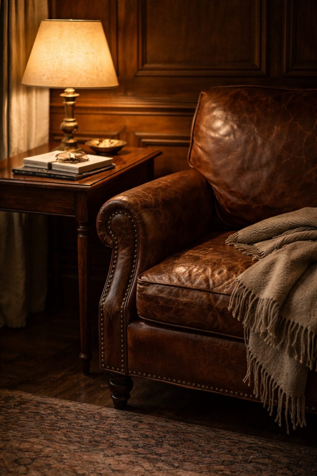 Elegant Women Refresh Their Style Each New Season in a calm evening room with a leather chair, scarf, books, and warm lamplight