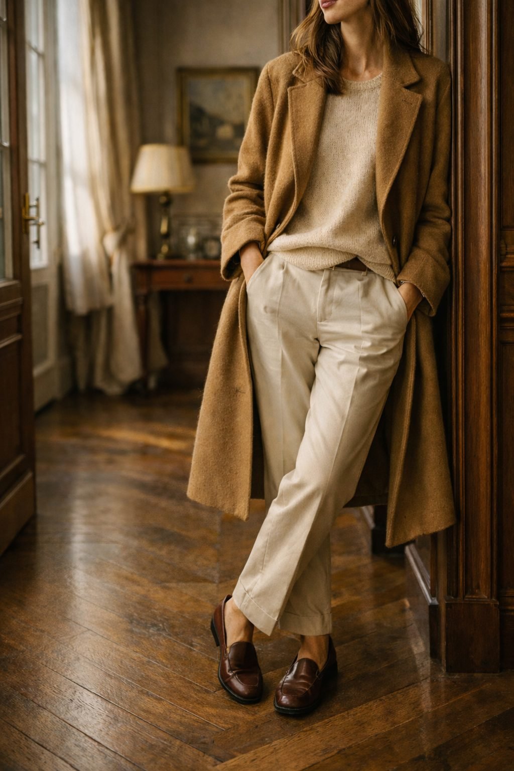 Elegant Women Refresh Their Style Each New Season through relaxed tailoring, a worn camel coat, and classic leather loafers