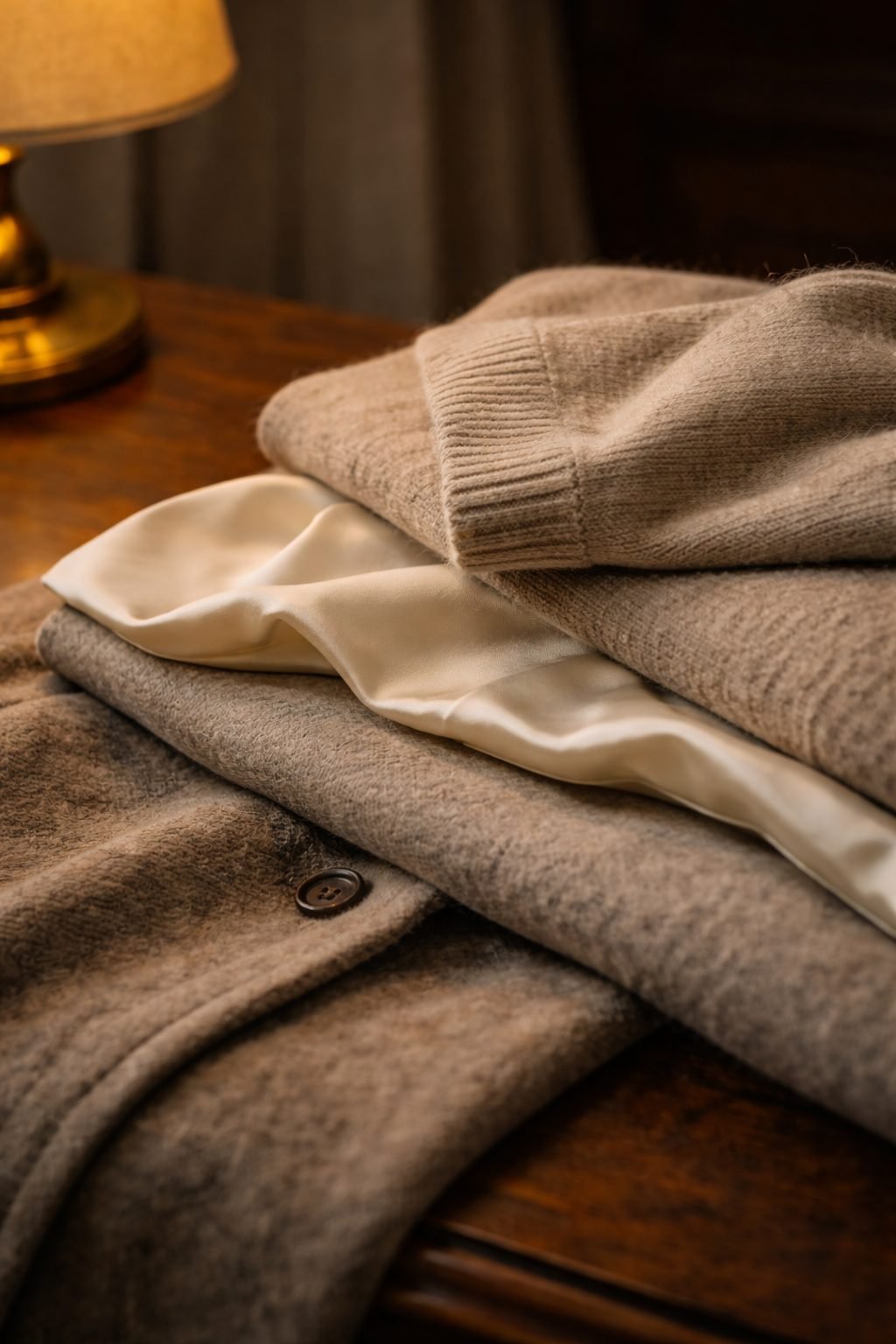 Elegant Women Refresh Their Style Each New Season with layered wool and silk fabrics on a wooden table, warm light highlighting texture