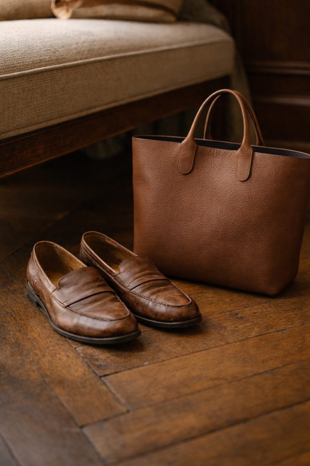 Elegant Women Refresh Their Style Each New Season with worn leather loafers and a structured tote resting on a wood floor