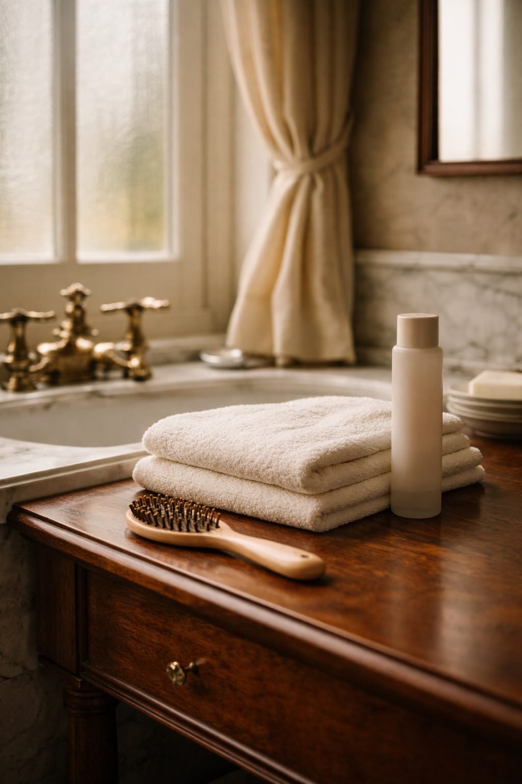 Elegant Women Refresh Their Style Each New Season through quiet grooming rituals with folded towels, brush, and soft daylight