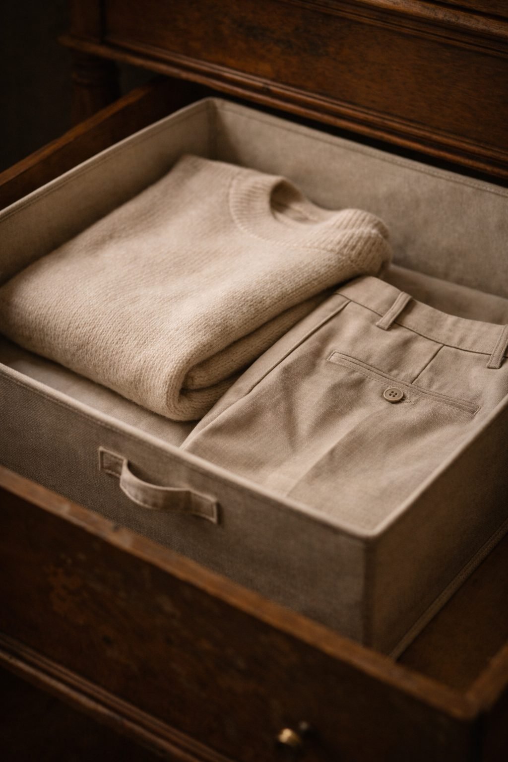 Elegant Women Refresh Their Style Each New Season by neatly storing knitwear and trousers in a fabric-lined drawer