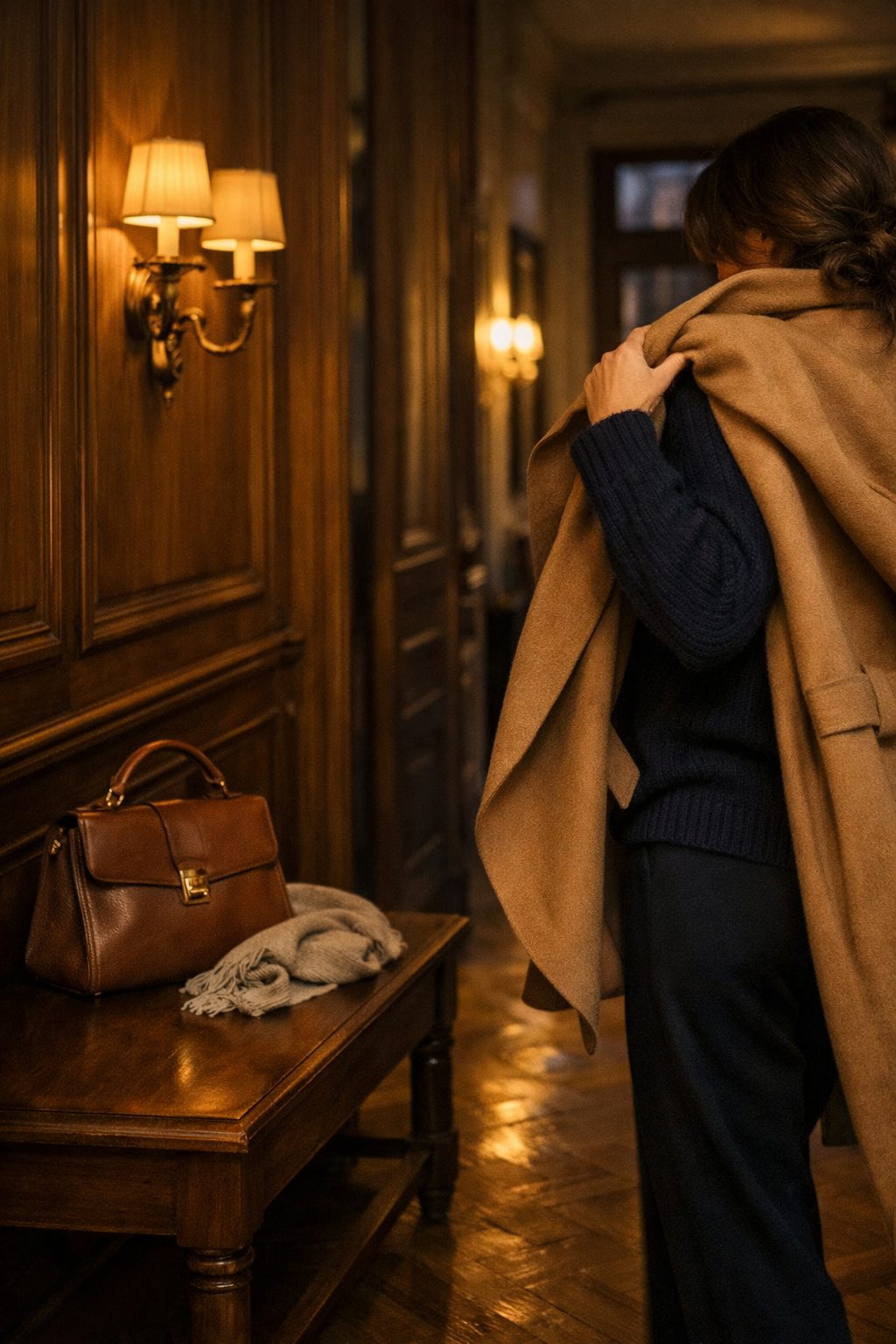 Warm entryway with woman in camel coat and navy knit, How to look romantic without trying too hard