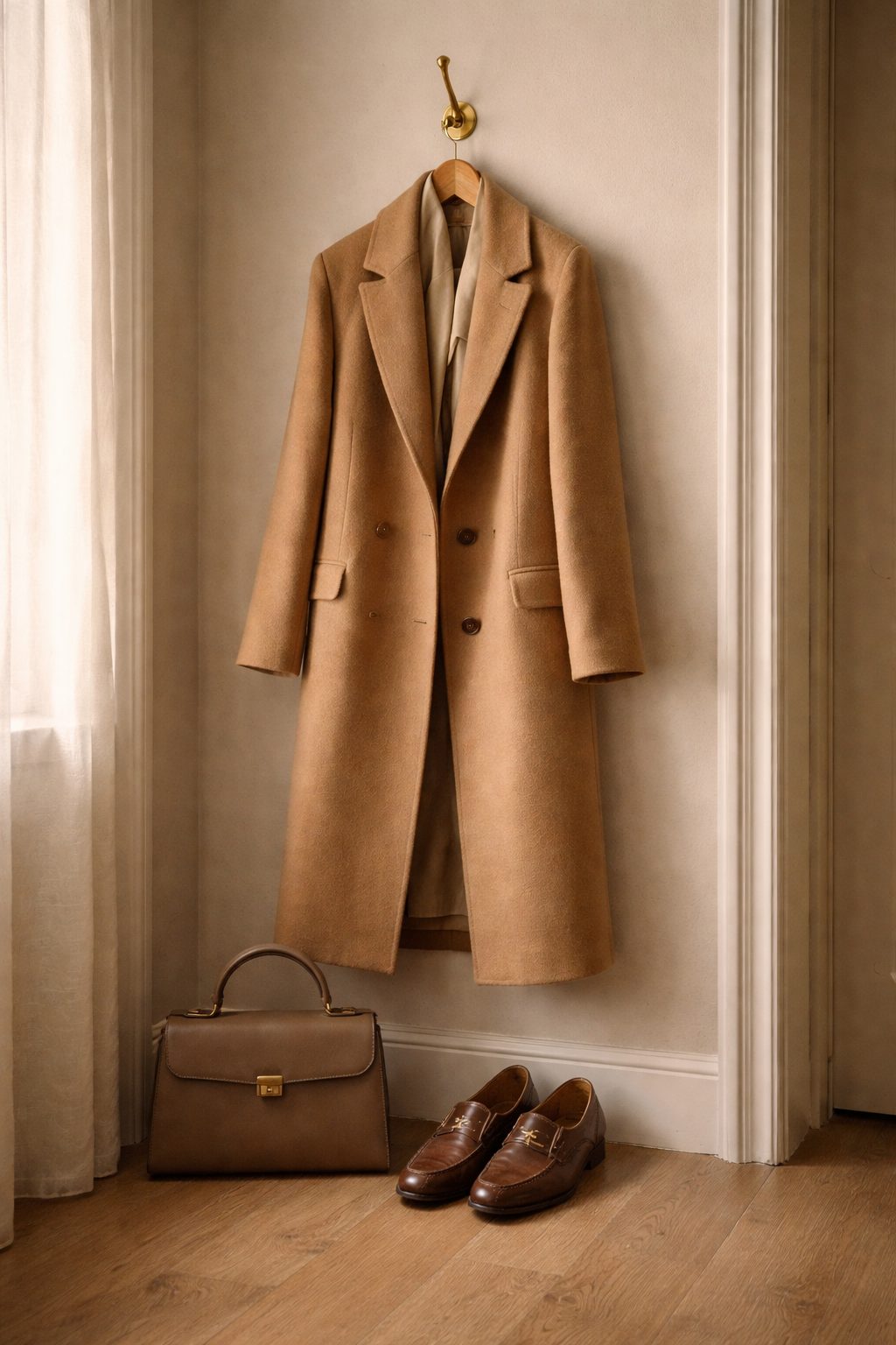 Classic camel coat and worn leather bag, How to look romantic without trying too hard through repetition